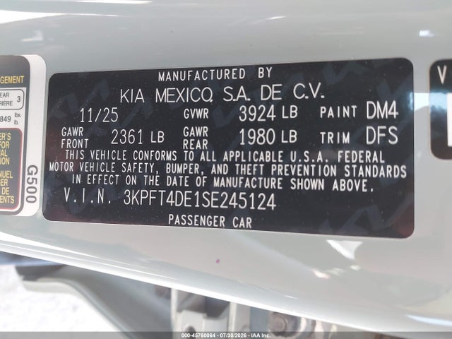 Aukcja sprzedaży 2025 Kia K4 Lxs, vin: 3KPFT4DE1SE245124, numer aukcji: 45760064