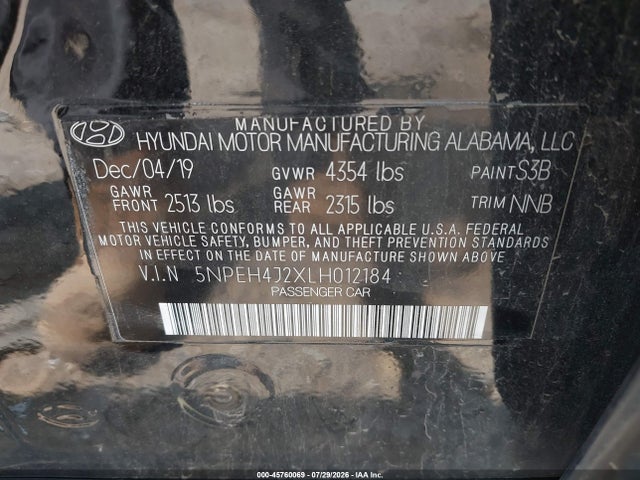 Aukcja sprzedaży 2020 Hyundai Sonata Limited, vin: 5NPEH4J2XLH012184, numer aukcji: 45760069