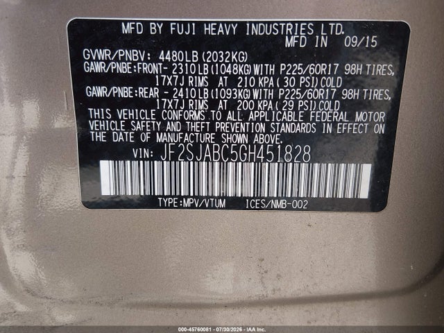 Продаж на аукціоні авто 2016 Subaru Forester 2.5i, vin: JF2SJABC5GH451828, номер лоту: 45760081