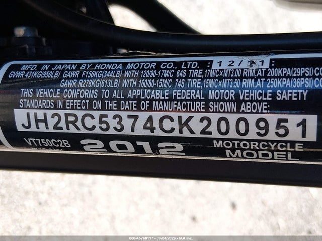 Продаж на аукціоні авто 2012 Honda Vt750 C2b, vin: JH2RC5374CK200951, номер лоту: 45760117