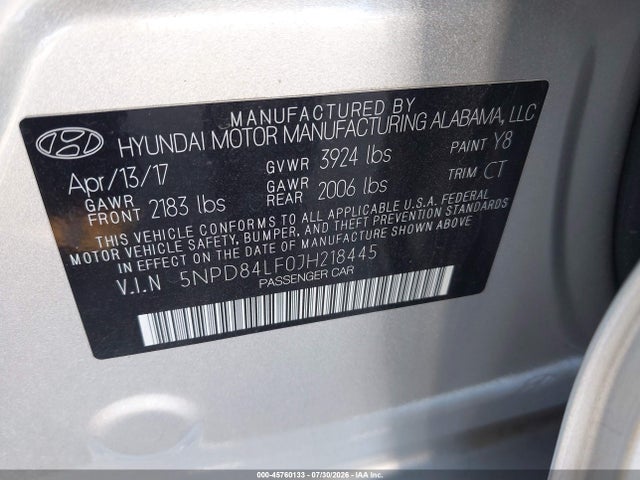 Aukcja sprzedaży 2018 Hyundai Elantra Sel, vin: 5NPD84LF0JH218445, numer aukcji: 45760133