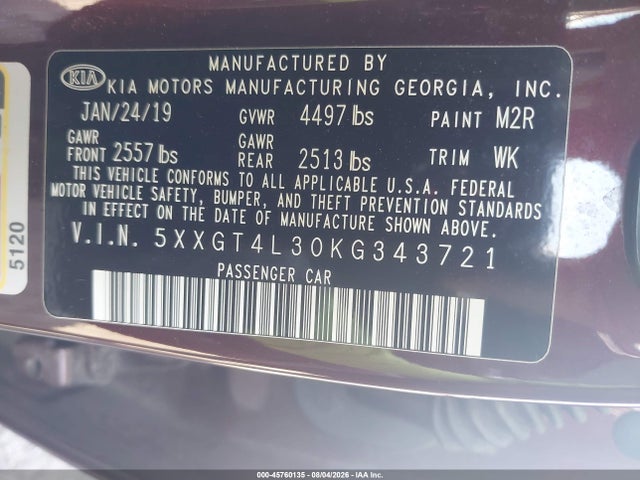 Aukcja sprzedaży 2019 Kia Optima Lx, vin: 5XXGT4L30KG343721, numer aukcji: 45760135