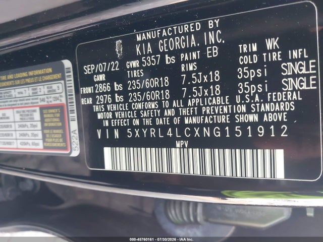 2022 Kia Sorento S მანქანა იყიდება აუქციონზე, vin: 5XYRL4LCXNG151912, აუქციონის ნომერი: 45760161