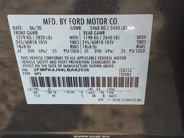 45760168 :رقم المزاد ، 2FMPK4J94LBA82536 vin ، 2020 Ford Edge Sel مزاد بيع