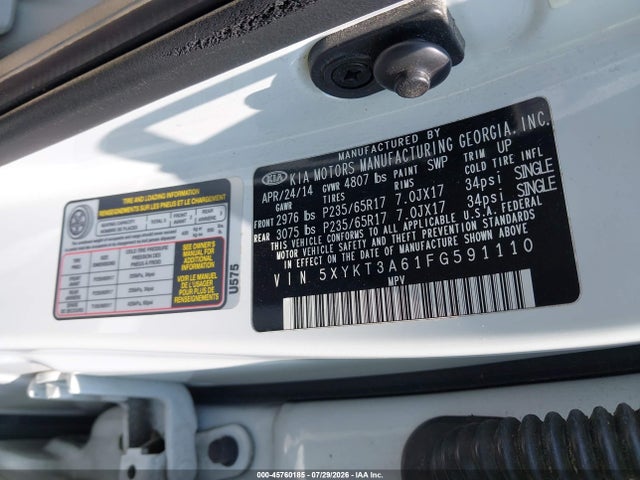 Продажа на аукционе авто 2015 Kia Sorento Lx, vin: 5XYKT3A61FG591110, номер лота: 45760185