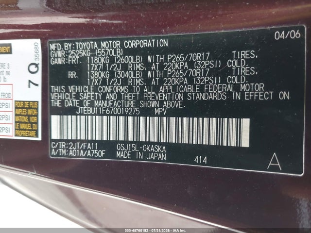 45760192 :رقم المزاد ، JTEBU11F670019275 vin ، 2007 Toyota Fj Cruiser مزاد بيع