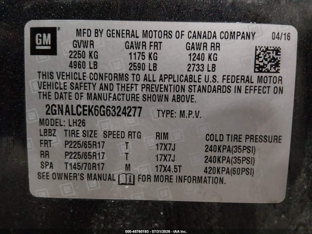 Продаж на аукціоні авто 2016 Chevrolet Equinox Lt, vin: 2GNALCEK6G6324277, номер лоту: 45760193