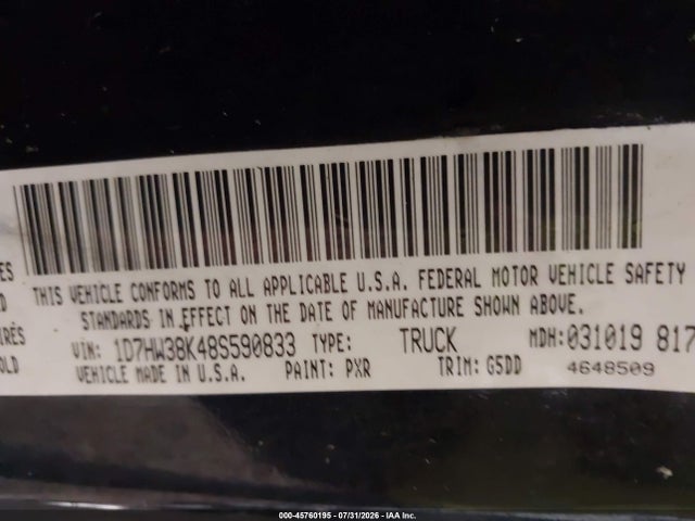 45760195 :رقم المزاد ، 1D7HW38K48S590833 vin ، 2008 Dodge Dakota Sxt/bighorn/lonestar مزاد بيع