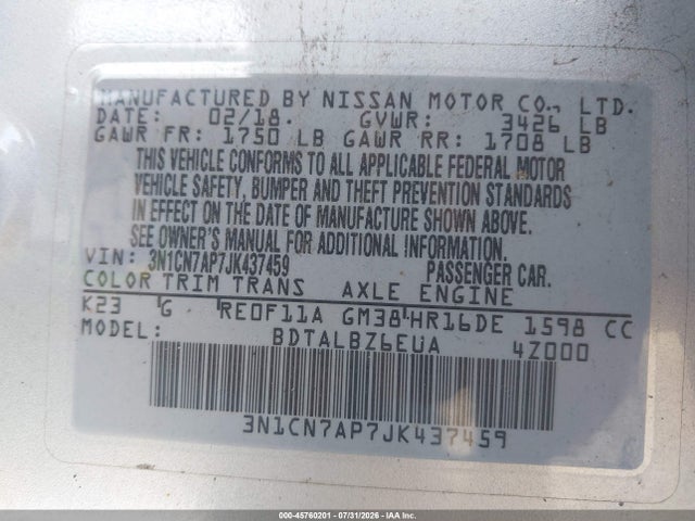 3N1CN7AP7JK437459 Nissan Versa 1.6 Sv