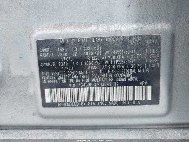 Auction sale of the 2013 Subaru Outback 2.5i Premium, vin: 4S4BRBCCXD3249132, lot number: 45760202