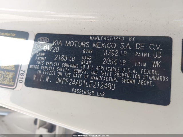 Aukcja sprzedaży 2020 Kia Forte Lxs, vin: 3KPF24AD1LE212480, numer aukcji: 45760204