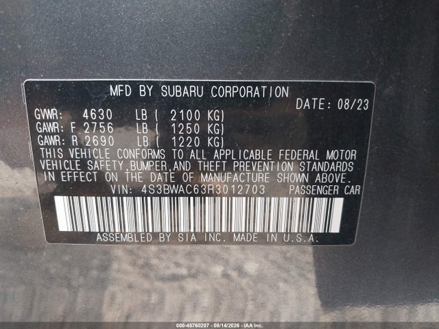 2024 Subaru Legacy Premium მანქანა იყიდება აუქციონზე, vin: 4S3BWAC63R3012703, აუქციონის ნომერი: 45760207