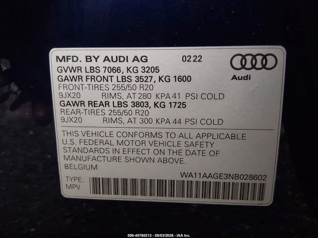 Продажа на аукционе авто 2022 Audi E-tron Sportback Premium S Line Quattro, vin: WA11AAGE3NB028602, номер лота: 45760213