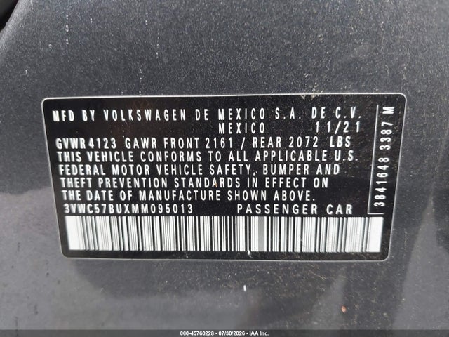 2021 Volkswagen Jetta 1.4t R-line/1.4t Se/s მანქანა იყიდება აუქციონზე, vin: 3VWC57BUXMM095013, აუქციონის ნომერი: 45760228