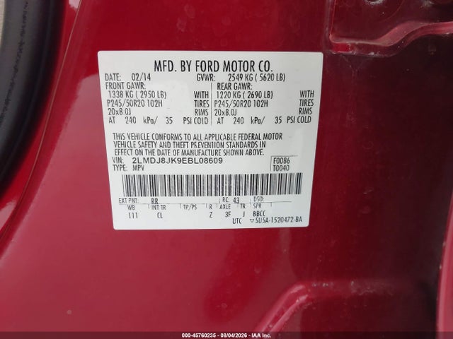Продаж на аукціоні авто 2014 Lincoln Mkx, vin: 2LMDJ8JK9EBL08609, номер лоту: 45760235