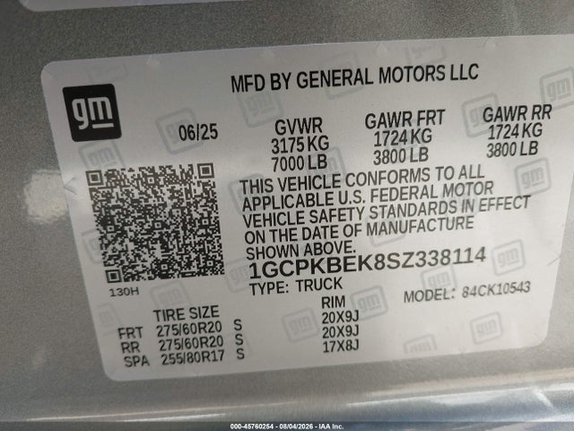 45760254 :رقم المزاد ، 1GCPKBEK8SZ338114 vin ، 2025 Chevrolet Silverado 1500 4wd  Short Bed Custom مزاد بيع
