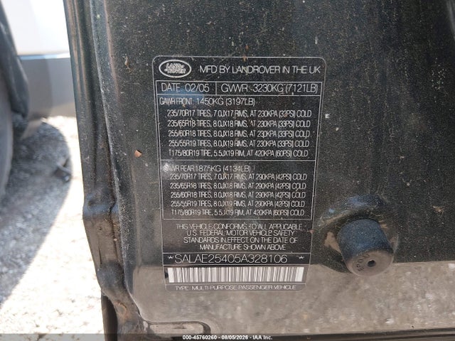 45760260 :رقم المزاد ، SALAE25405A328106 vin ، 2005 Land Rover Lr3 Se مزاد بيع