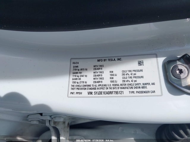 45760296 :رقم المزاد ، 5YJ3E1EA0RF795121 vin ، 2024 Tesla Model 3 مزاد بيع