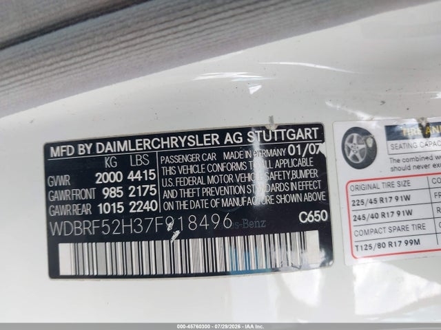 Продажа на аукционе авто 2007 Mercedes-benz C 230 Sport, vin: WDBRF52H37F918496, номер лота: 45760300