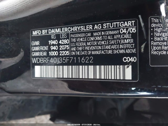 Продажа на аукционе авто 2005 Mercedes-benz C 230 Kompressor Sport, vin: WDBRF40J35F711622, номер лота: 45760309
