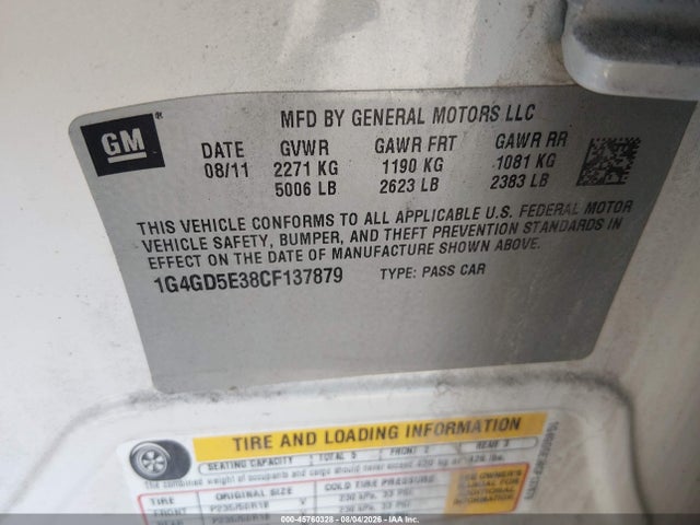 45760328 :رقم المزاد ، 1G4GD5E38CF137879 vin ، 2012 Buick Lacrosse Premium 1 Group مزاد بيع