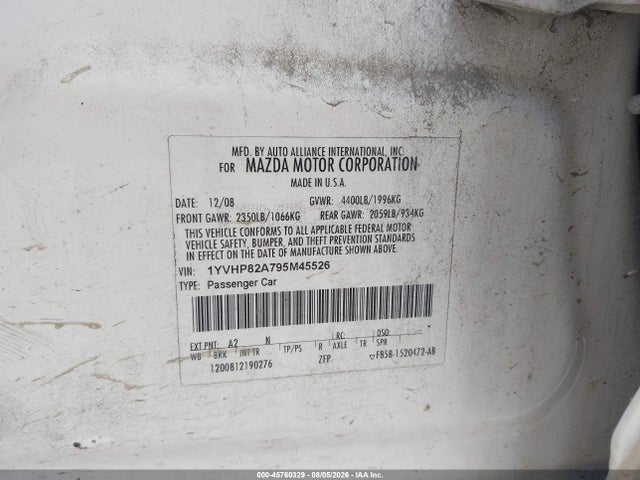 45760329 :رقم المزاد ، 1YVHP82A795M45526 vin ، 2009 Mazda Mazda6 I Touring مزاد بيع