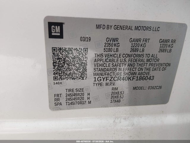 45760330 :رقم المزاد ، 1GYFZCR40KF186043 vin ، 2019 Cadillac Xt4 Premium Luxury مزاد بيع