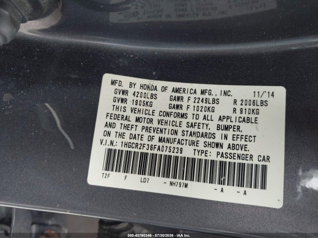 2015 Honda Accord Lx მანქანა იყიდება აუქციონზე, vin: 1HGCR2F36FA075239, აუქციონის ნომერი: 45760346