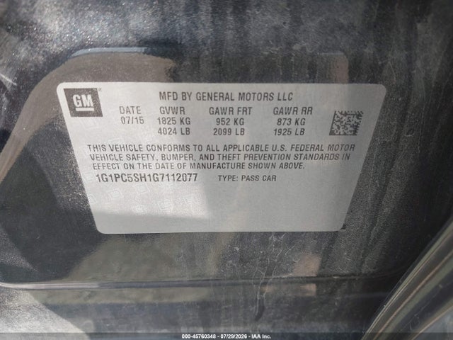 2016 Chevrolet Cruze Limited Ls Auto მანქანა იყიდება აუქციონზე, vin: 1G1PC5SH1G7112077, აუქციონის ნომერი: 45760348