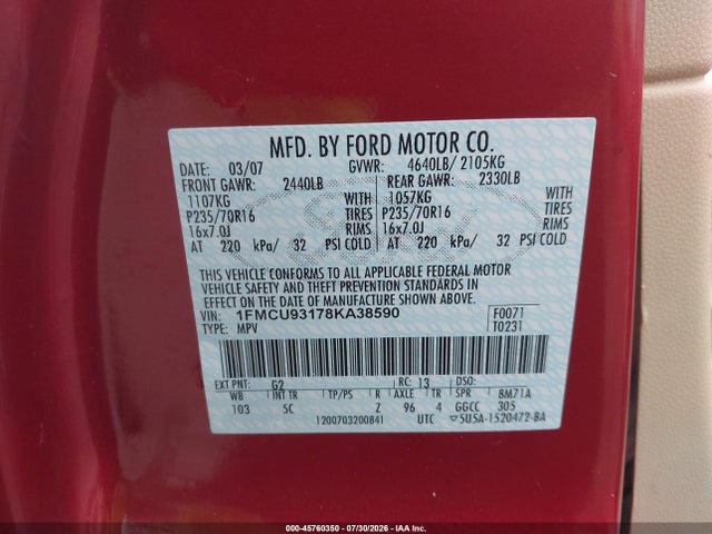 Продажа на аукционе авто 2008 Ford Escape Xlt, vin: 1FMCU93178KA38590, номер лота: 45760350