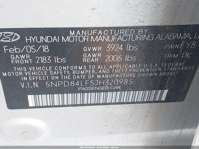 Aukcja sprzedaży 2018 Hyundai Elantra Sel, vin: 5NPD84LF5JH320985, numer aukcji: 45760353