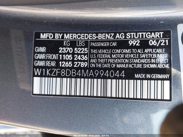 Aukcja sprzedaży 2021 Mercedes-benz E 350, vin: W1KZF8DB4MA994044, numer aukcji: 45760360