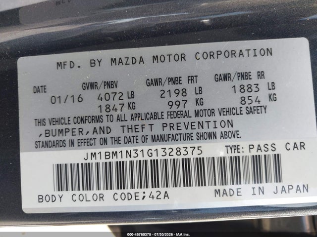 45760375 :رقم المزاد ، JM1BM1N31G1328375 vin ، 2016 Mazda Mazda3 S Grand Touring مزاد بيع