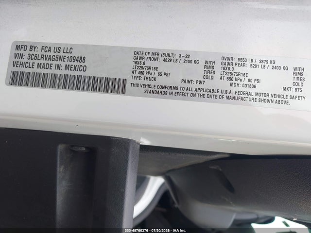 Aukcja sprzedaży 2022 Ram Promaster 1500 Low Roof 136 Wb, vin: 3C6LRVAG5NE109488, numer aukcji: 45760376