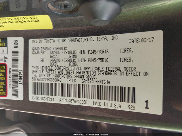 Aukcja sprzedaży 2017 Toyota Tacoma Sr5 V6, vin: 5TFAZ5CN5HX036848, numer aukcji: 45760378