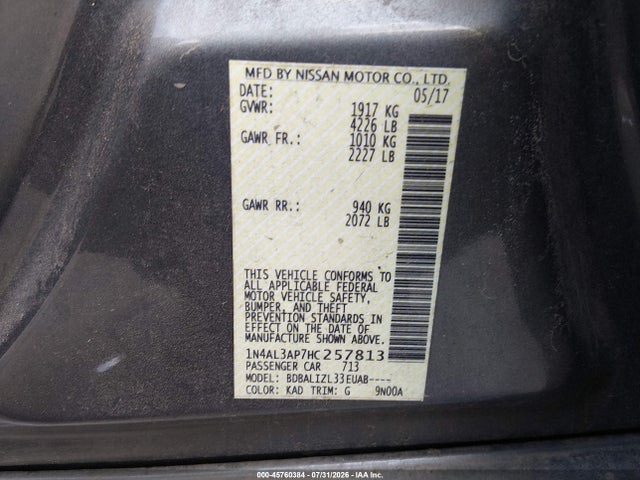 45760384 :رقم المزاد ، 1N4AL3AP7HC257813 vin ، 2017 Nissan Altima 2.5 Sv مزاد بيع