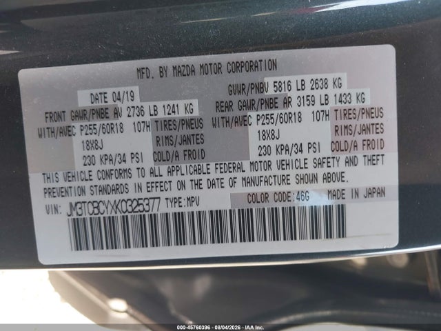 Продаж на аукціоні авто 2019 Mazda Cx-9 Touring, vin: JM3TCBCYXK0325377, номер лоту: 45760396