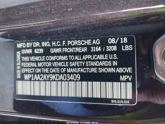Продажа на аукционе авто 2019 Porsche Cayenne, vin: WP1AA2AY9KDA03409, номер лота: 45760400