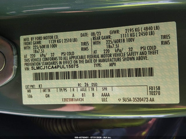 2023 Lincoln Corsair Standard მანქანა იყიდება აუქციონზე, vin: 5LMCJ1CA4PUL15075, აუქციონის ნომერი: 45760401