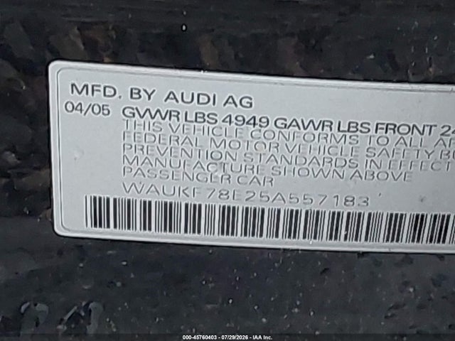 Aukcja sprzedaży 2005 Audi A4 2.0t Avant, vin: WAUKF78E25A557183, numer aukcji: 45760403
