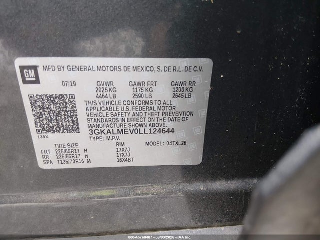 45760407 :رقم المزاد ، 3GKALMEV0LL124644 vin ، 2020 Gmc Terrain Fwd Sle مزاد بيع
