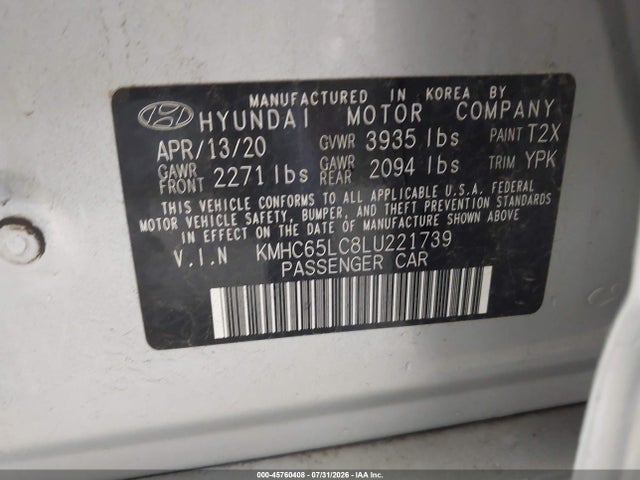2020 Hyundai Ioniq Hybrid Blue მანქანა იყიდება აუქციონზე, vin: KMHC65LC8LU221739, აუქციონის ნომერი: 45760408