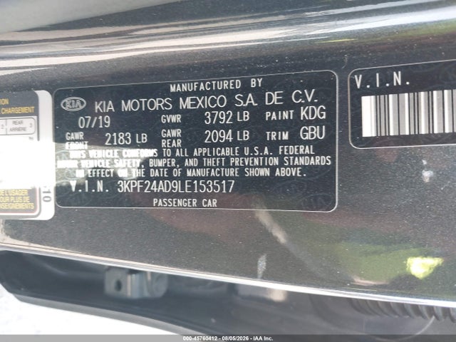 45760412 :رقم المزاد ، 3KPF24AD9LE153517 vin ، 2020 Kia Forte Lxs مزاد بيع