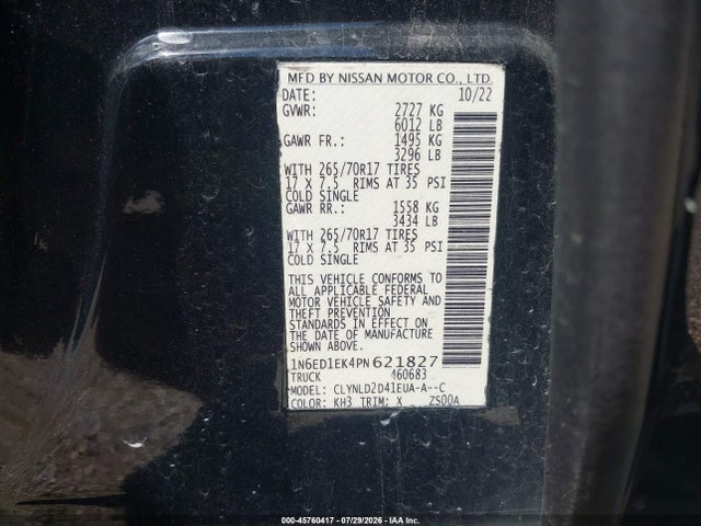 2023 Nissan Frontier Pro-4x 4x4 მანქანა იყიდება აუქციონზე, vin: 1N6ED1EK4PN621827, აუქციონის ნომერი: 45760417