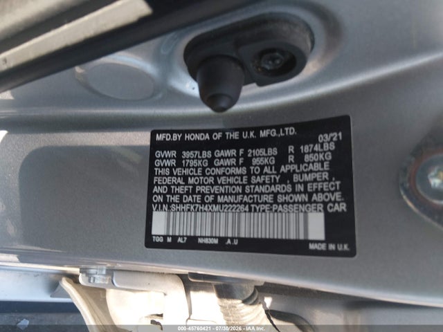 Aukcja sprzedaży 2021 Honda Civic Sport, vin: SHHFK7H4XMU222264, numer aukcji: 45760421