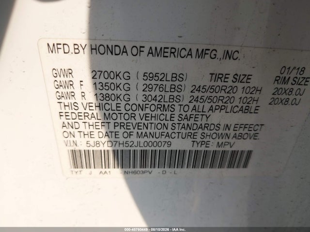 2018 Acura Mdx Sport Hybrid Technology Package მანქანა იყიდება აუქციონზე, vin: 5J8YD7H52JL000079, აუქციონის ნომერი: 45760449