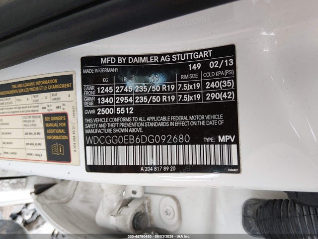 2013 Mercedes-benz Glk 250 Bluetec 4matic მანქანა იყიდება აუქციონზე, vin: WDCGG0EB6DG092680, აუქციონის ნომერი: 45760450