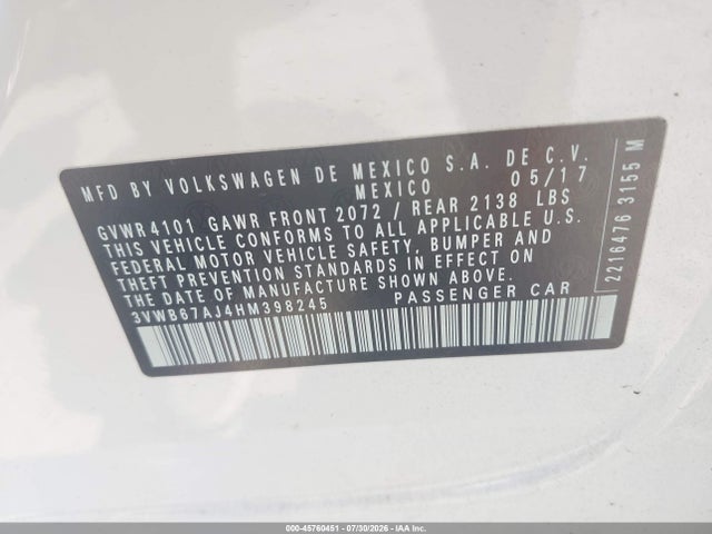 2017 Volkswagen Jetta 1.4t Se მანქანა იყიდება აუქციონზე, vin: 3VWB67AJ4HM398245, აუქციონის ნომერი: 45760451