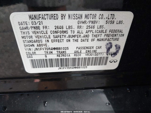Продажа на аукционе авто 2021 Infiniti Q50 Red Sport 400 Awd, vin: JN1FV7DR4MM881025, номер лота: 45760475