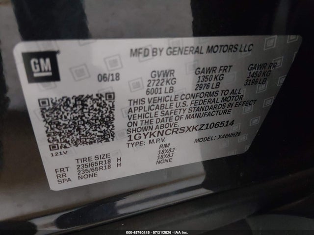 45760485 :رقم المزاد ، 1GYKNCRSXKZ106514 vin ، 2019 Cadillac Xt5 Luxury مزاد بيع